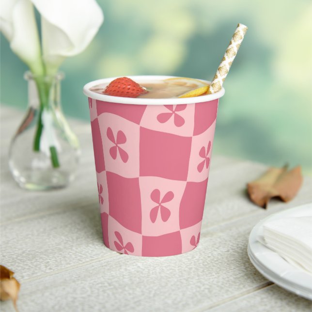Retro Pink Checkered Floral Pattern Paper Cups (Insitu)