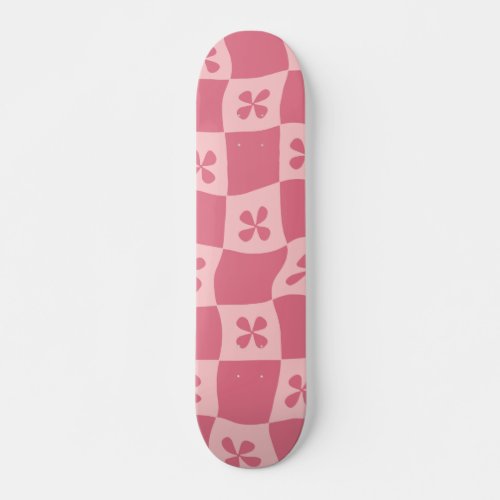 Retro Pink Checkered Floral Pattern Skateboard