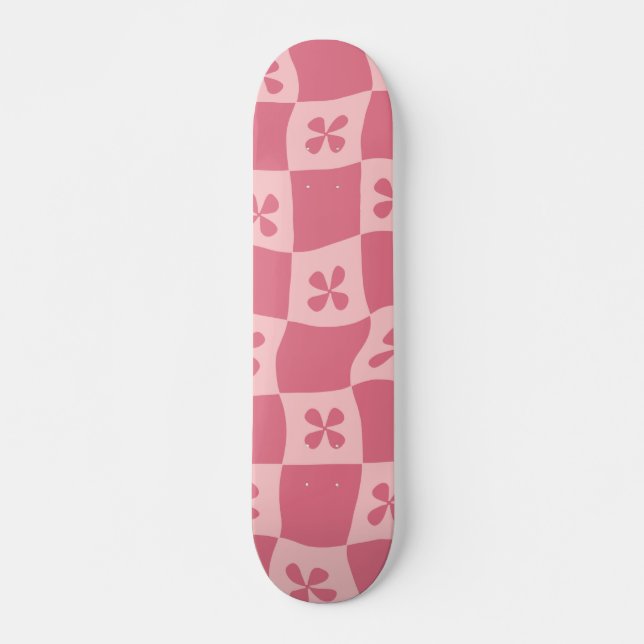 Retro Pink Checkered Floral Pattern Skateboard (Front)