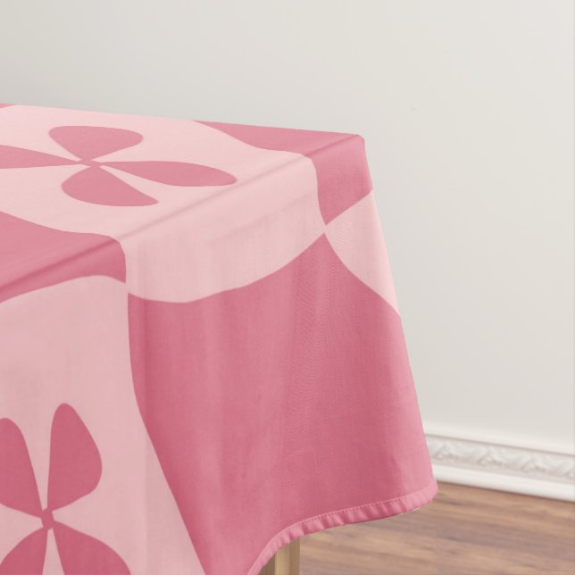 Retro Pink Checkered Floral Pattern Tablecloth (In Situ)