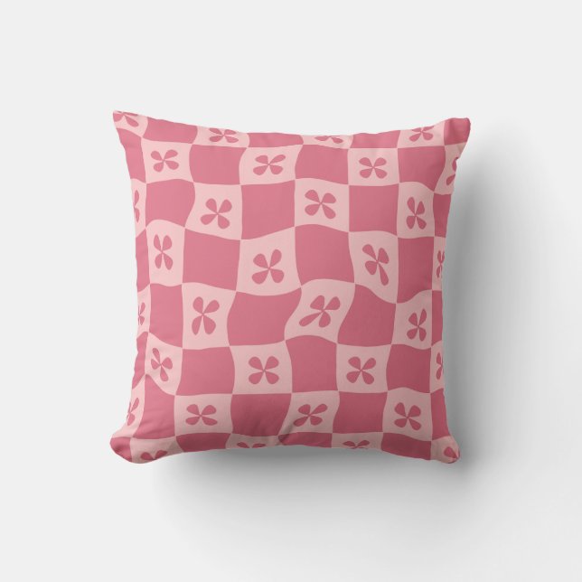 Retro Pink Checkered Floral Pattern Throw Pillow (Front)