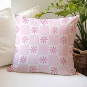 Retro Pink Checkered Floral Pattern Throw Pillow