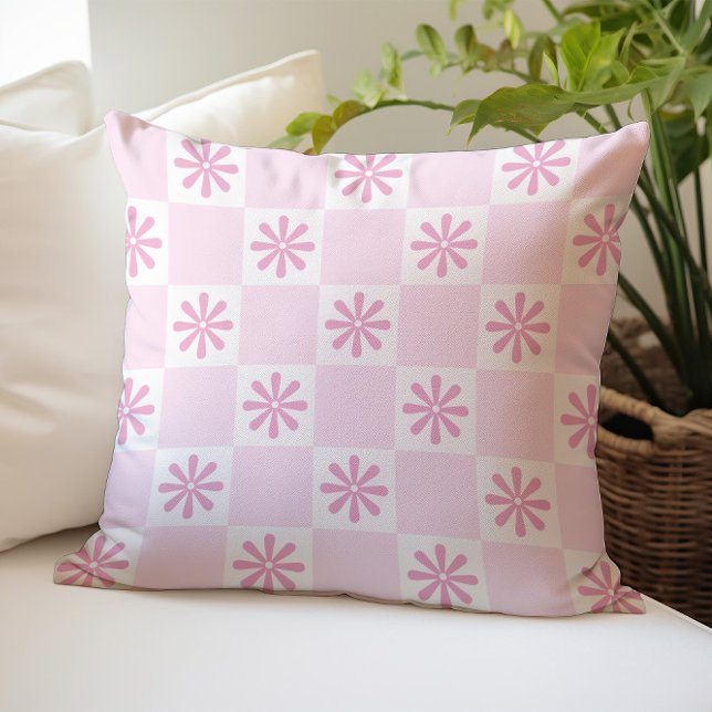 Retro Pink Checkered Floral Pattern Throw Pillow (Creator Uploaded)