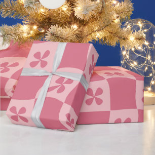 Retro Pink Checkered Floral Pattern Wrapping Paper