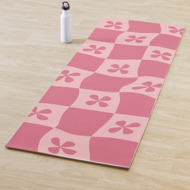 Retro Pink Checkered Floral Pattern Yoga Mat (In Situ)