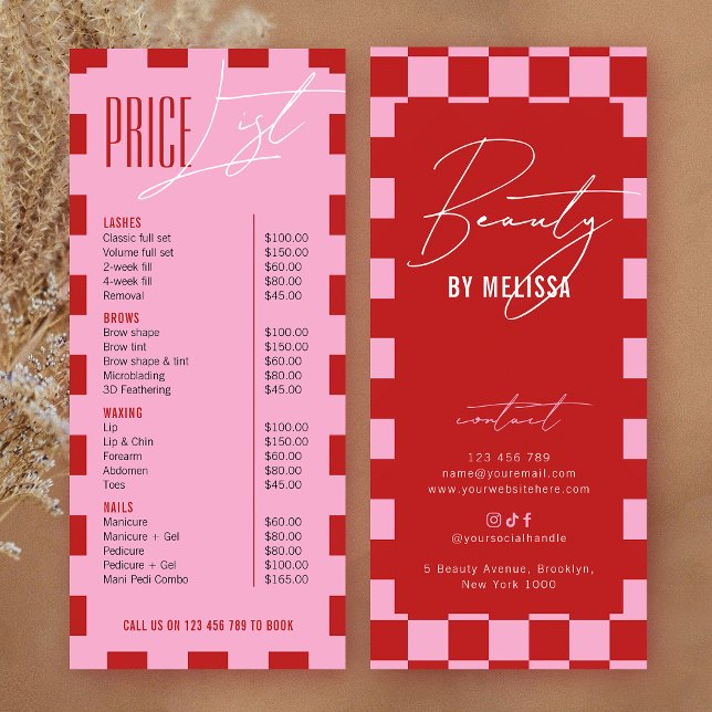 Retro Pink Checkered Hair Makeup Salon Price List Rack Card (Creator Uploaded)