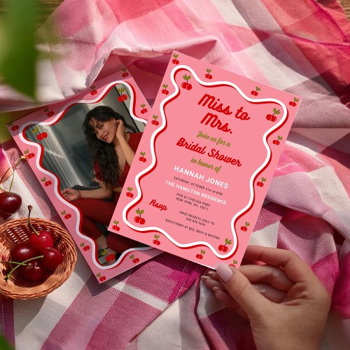 Retro Pink Cherry Valentine Bridal Shower Invitation