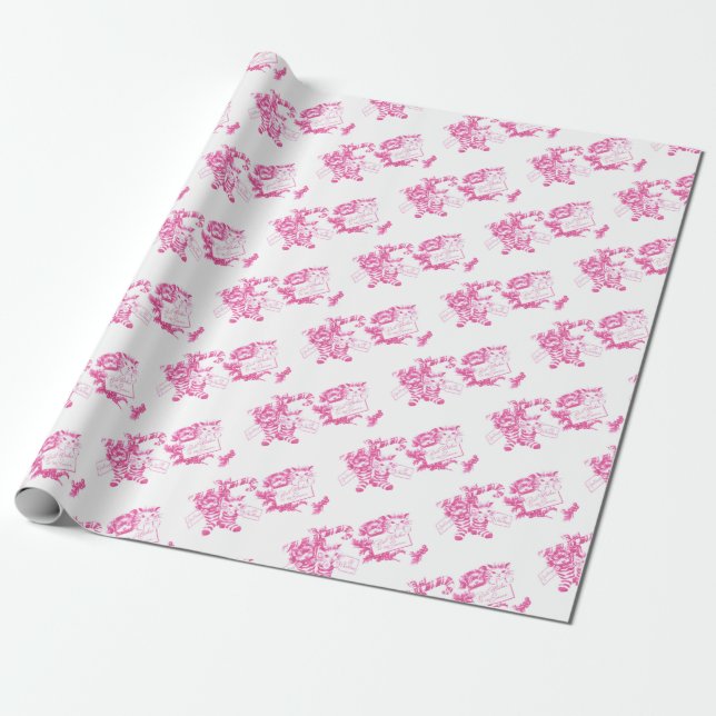 Retro Pink Christmas Kitten and Puppy Wrapping Paper (Unrolled)