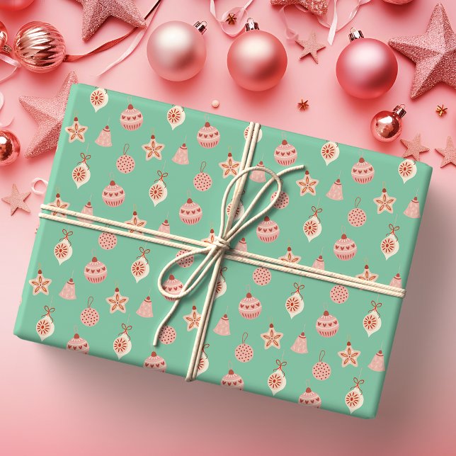 Retro Pink Christmas Ornaments Wrapping Paper (Creator Uploaded)