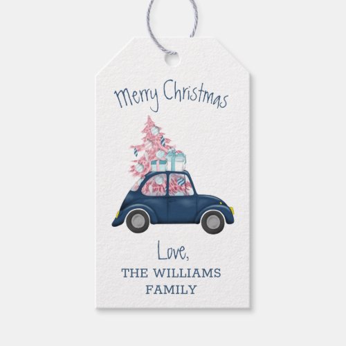 Retro Pink Christmas Tree Blue Car Merry Christmas Gift Tags