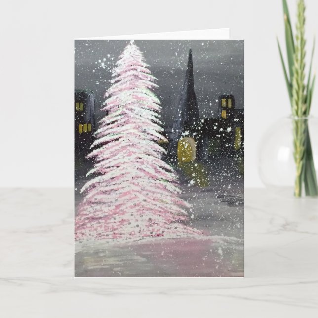 Retro Pink Christmas Tree on a City Square Holiday Card (Front)