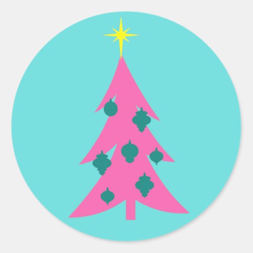 Retro Pink Christmas Tree Round Stickers