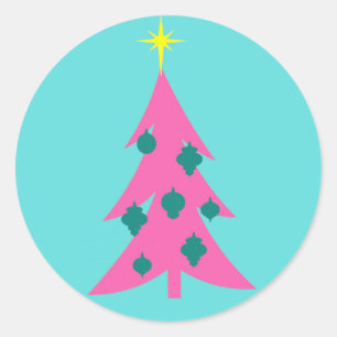 Retro Pink Christmas Tree Round Stickers