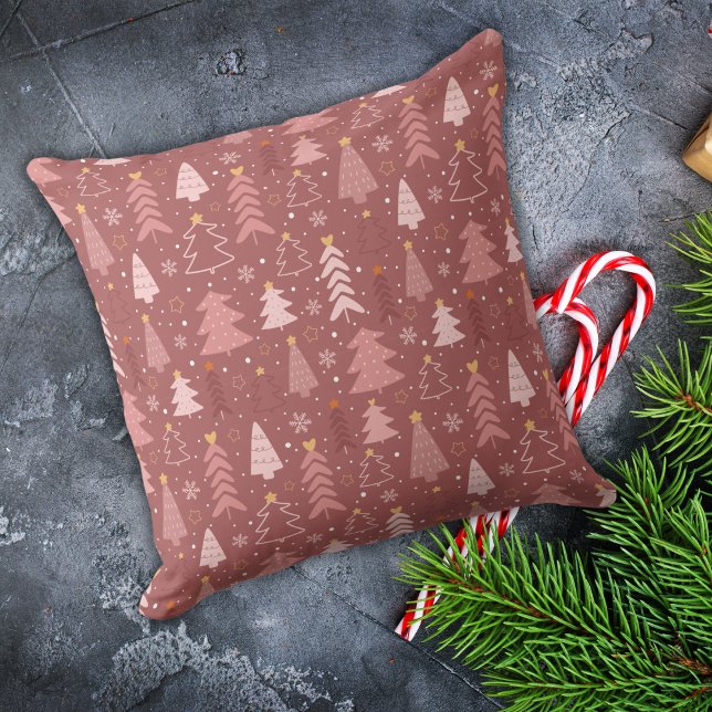 Retro Pink Christmas Trees Snowflakes Stars Hearts Throw Pillow (Creator Uploaded)