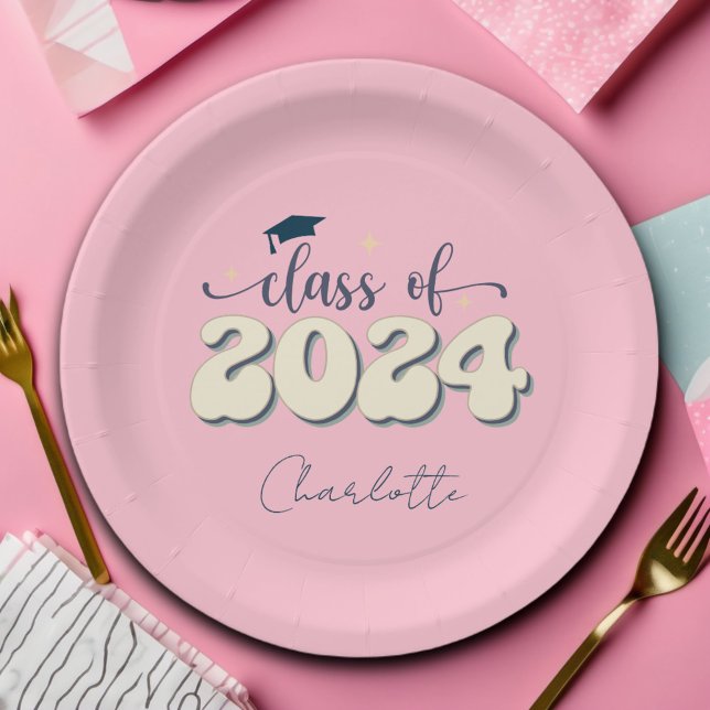 Retro Pink Class Of 2024 Graduation Paper Plates (Creator Uploaded)