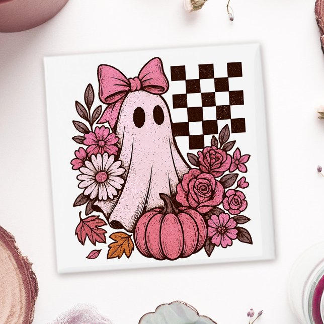 Retro Pink Coquette Ghost Girl with Bow Halloween Magnet (This coquette ghost retro Halloween design combines floral sweetness with spooky spirit.)