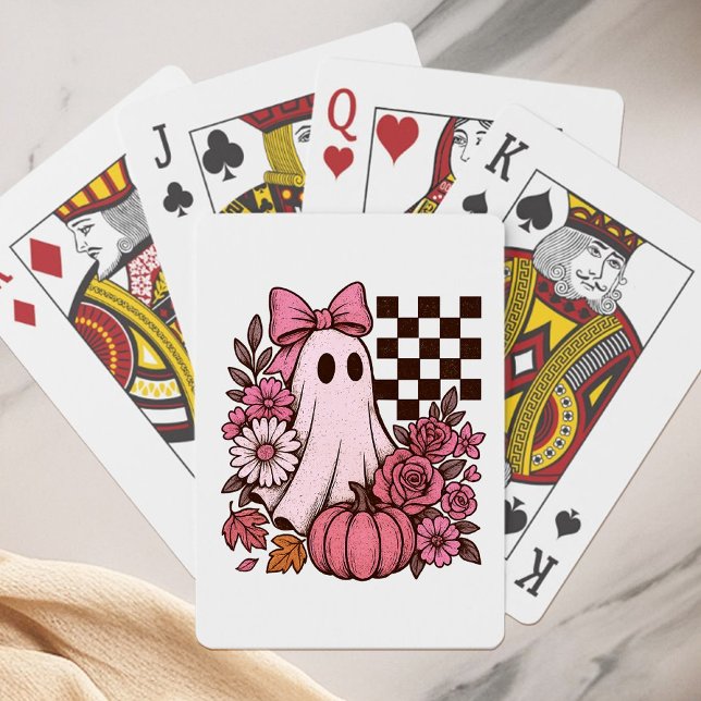 Retro Pink Coquette Ghost Girl with Bow Halloween Poker Cards (This coquette ghost retro Halloween design combines floral sweetness with spooky spirit.)
