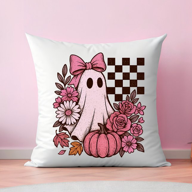 Retro Pink Coquette Ghost Girl with Bow Halloween Throw Pillow (This coquette ghost retro Halloween design combines floral sweetness with spooky spirit.)