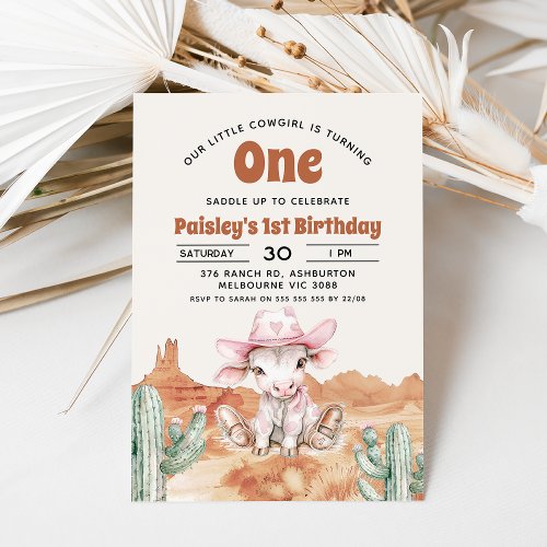 Retro Pink Cow Cowgirl Western 1st Birthday Invitation