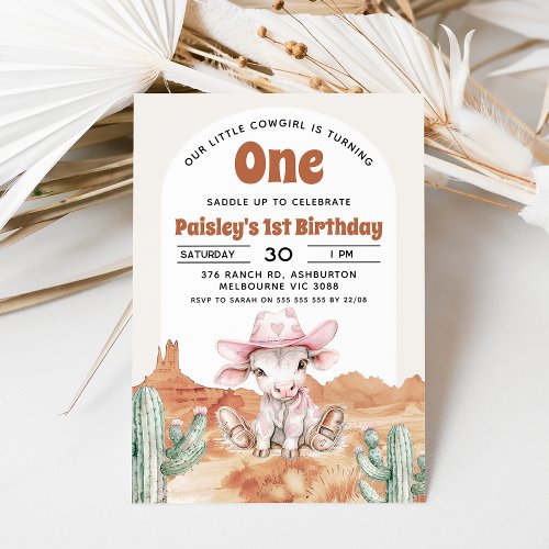 Retro Pink Cow Cowgirl Wild West 1st Birthday Invitation
