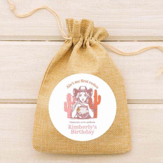 Retro Pink Cowgirl Disco Ball Birthday Party Classic Round Sticker (Creator Uploaded)