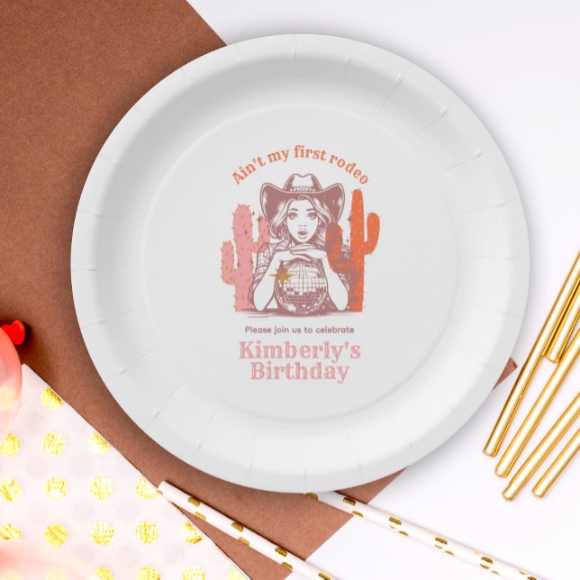 Retro Pink Cowgirl Disco Ball Birthday Party Paper Plates (Creator Uploaded)