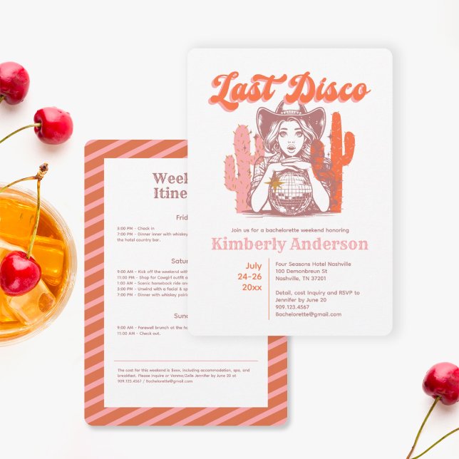 Retro Pink Cowgirl Last Disco Bachelorette Weekend Invitation (Creator Uploaded)