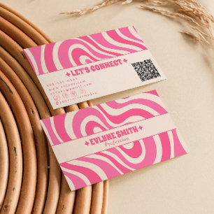 Retro Pink Cream QR Code 70s Boho Groovy Girly Business Card