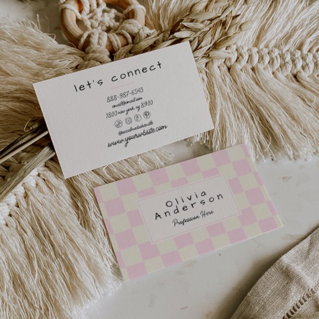 Retro Pink Cream Wavy Checkered Boho Pastel Business Card (Creator Uploaded)
