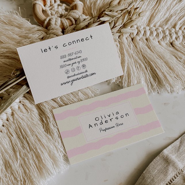 Retro Pink Cream Wavy Stripes Trendy Boho Girly Business Card (Creator Uploaded)
