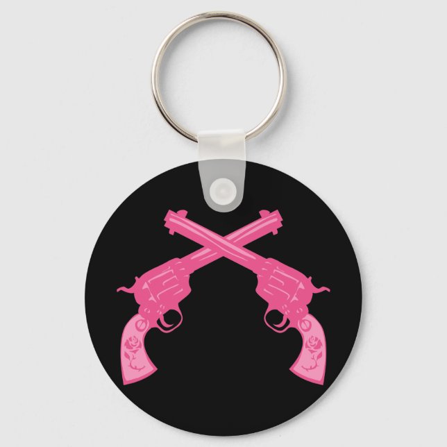 Retro Pink Crossed Pistols Keychain (Front)