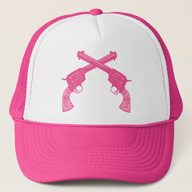 Retro Pink Crossed Pistols Trucker Hat (Front)