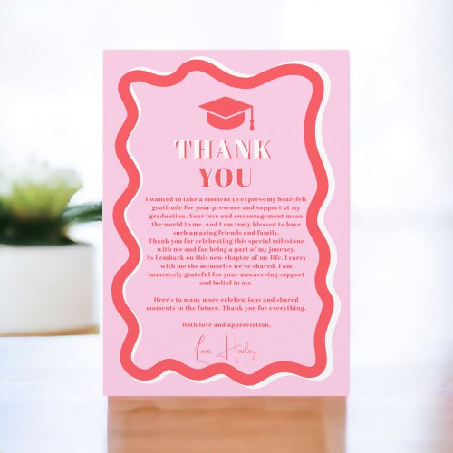 Retro pink curve squiggle wavy photo graduation thank you card