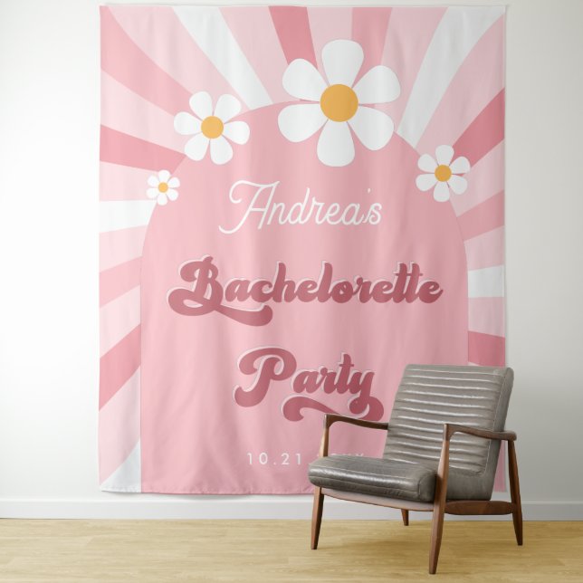 Retro Pink Daisy 70s Bachelorette Party Backdrop (In Situ)