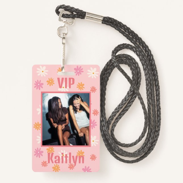 Retro Pink Daisy Bachelorette Party VIP Pass Badge (Back with Lanyard)