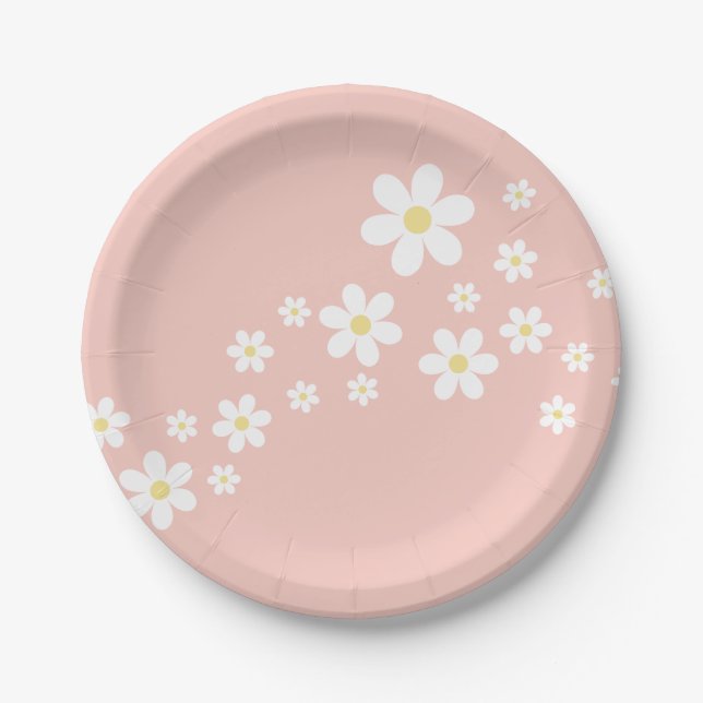 Retro Pink Daisy Birthday Paper Plates (Front)
