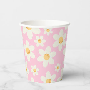 Retro Pink Daisy Boho Paper Cups – Groovy First Bi