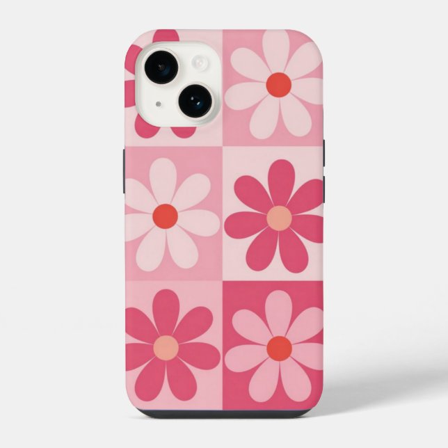 Retro Pink Daisy Checkerboard Pattern Iphone Case (Back)
