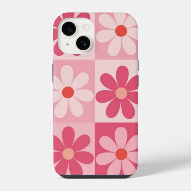 Retro Pink Daisy Checkerboard Pattern iPhone Case (Back)