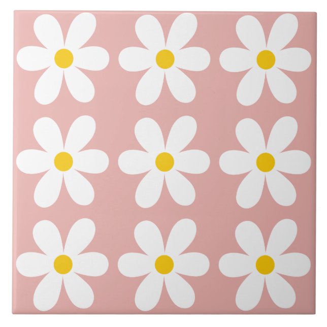 Retro Pink Daisy Floral Pattern Ceramic Tile (Front)