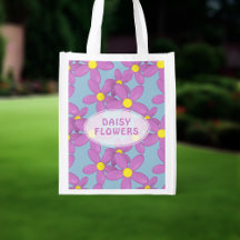 Retro Pink Daisy Flowers Colorful Blue Grocery Bag