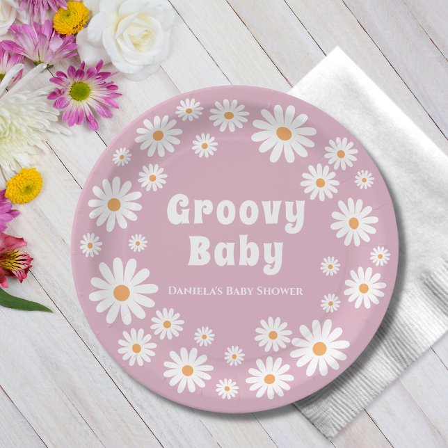 Retro Pink Daisy Groovy Hippie Baby Shower Paper Plates (groovy baby girl shower paper plates pink daisy wreath daisies flower power)