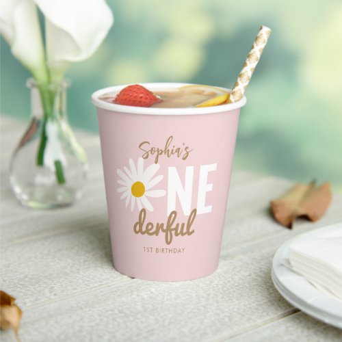 Retro Pink Daisy ONEderful 1st Birthday Party Paper Cups