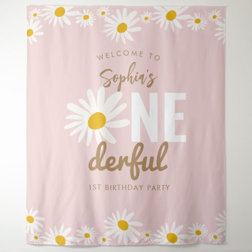 Retro Pink Daisy ONEderful 1st Birthday Party Tapestry