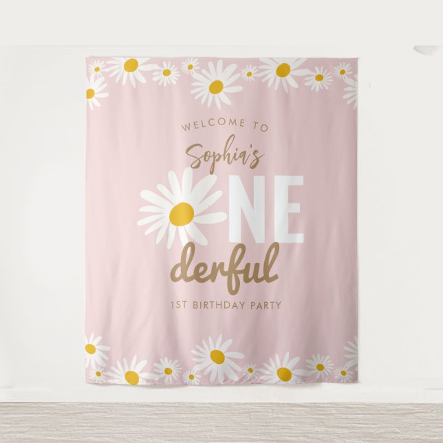 Retro Pink Daisy ONEderful 1st Birthday Party Tapestry (Front)