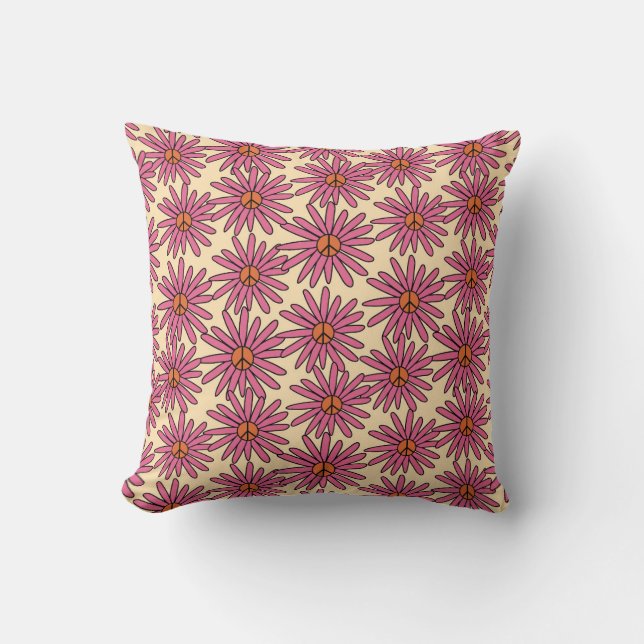Retro Pink Daisy Peace Pattern Throw Pillow (Front)