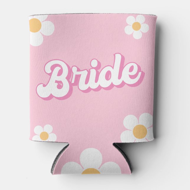 Retro Pink Daisy Personalized Bride Can Cooler (Front)