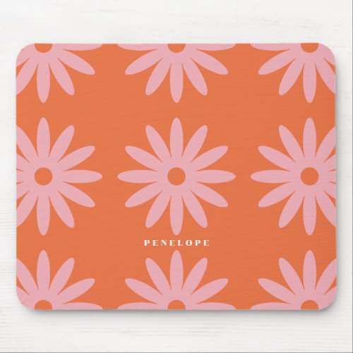 Retro Pink Daisy Print With Name Mouse Pad