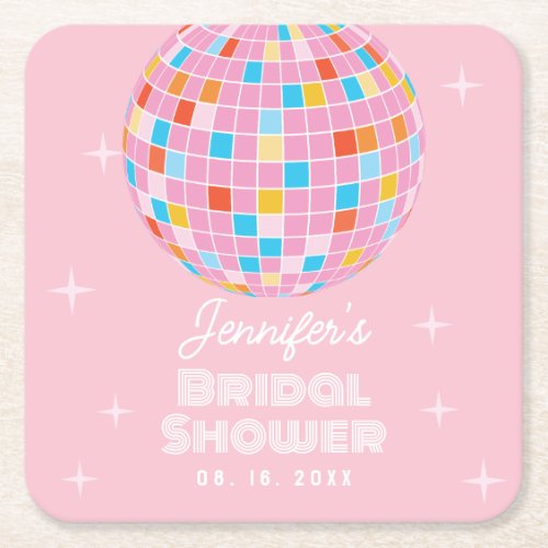 Retro Pink Disco Ball 70s 80s Themed Bridal Shower Square Paper Coaster