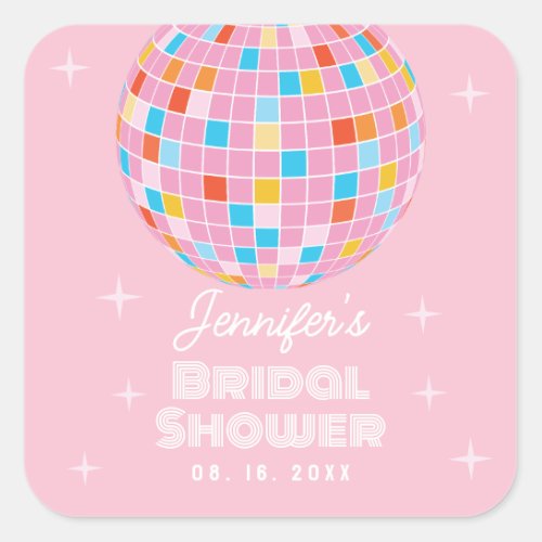 Retro Pink Disco Ball 70s 80s Themed Bridal Shower Square Sticker